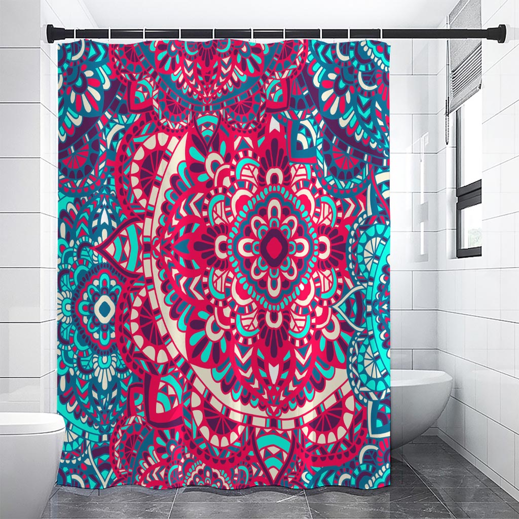 Pink Teal Bohemian Mandala Pattern Print Shower Curtain