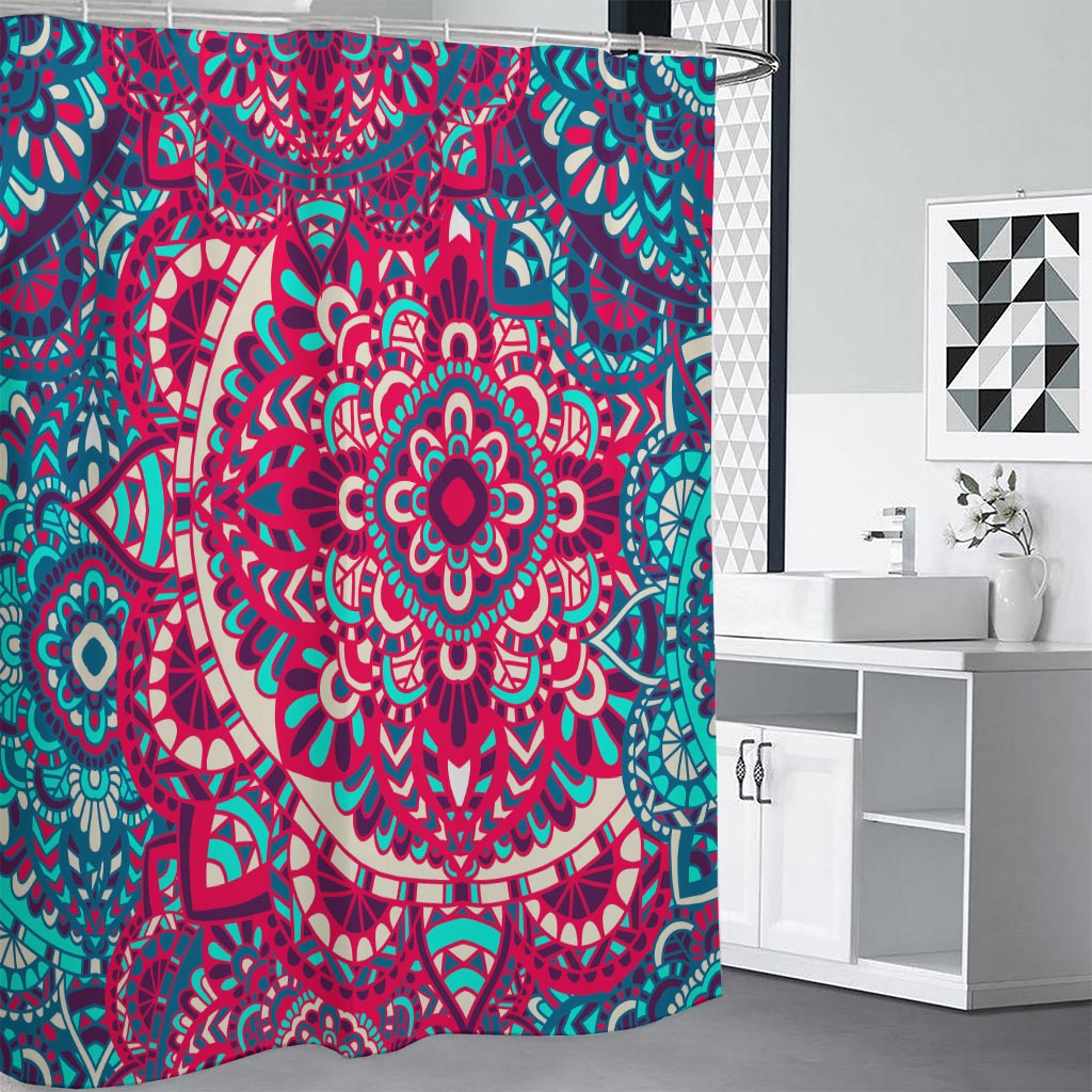 Pink Teal Bohemian Mandala Pattern Print Shower Curtain