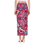 Pink Teal Bohemian Mandala Pattern Print Side Slit Maxi Skirt