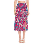 Pink Teal Bohemian Mandala Pattern Print Side Slit Midi Skirt