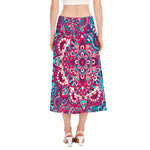 Pink Teal Bohemian Mandala Pattern Print Side Slit Midi Skirt