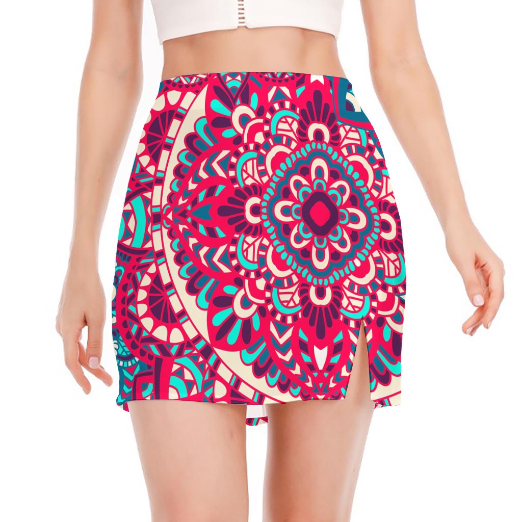 Pink Teal Bohemian Mandala Pattern Print Side Slit Mini Skirt