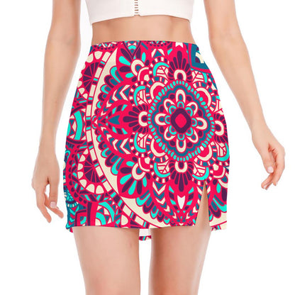 Pink Teal Bohemian Mandala Pattern Print Side Slit Mini Skirt