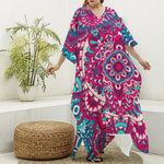 Pink Teal Bohemian Mandala Pattern Print Silk V-Neck Kaftan Dress