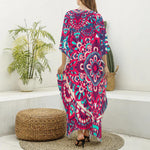 Pink Teal Bohemian Mandala Pattern Print Silk V-Neck Kaftan Dress