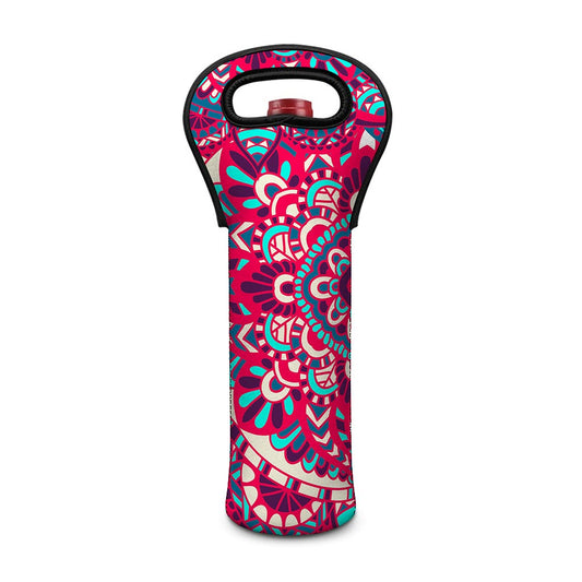 Pink Teal Bohemian Mandala Pattern Print Single Neoprene Wine Tote