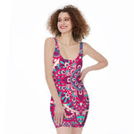 Pink Teal Bohemian Mandala Pattern Print Sleeveless Bodycon Dress
