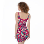 Pink Teal Bohemian Mandala Pattern Print Sleeveless Bodycon Dress