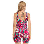Pink Teal Bohemian Mandala Pattern Print Sleeveless One Piece Swimsuit