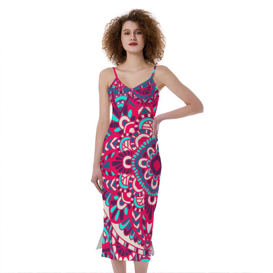Pink Teal Bohemian Mandala Pattern Print Slim Fit Midi Cami Dress