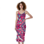 Pink Teal Bohemian Mandala Pattern Print Slim Fit Midi Cami Dress