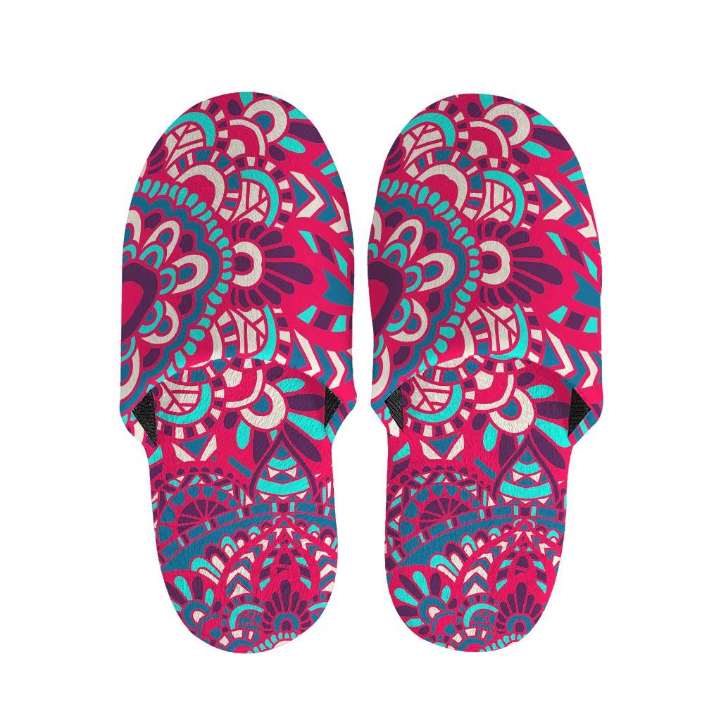 Pink Teal Bohemian Mandala Pattern Print Slippers