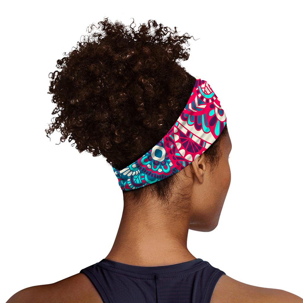 Pink Teal Bohemian Mandala Pattern Print Sports Headband
