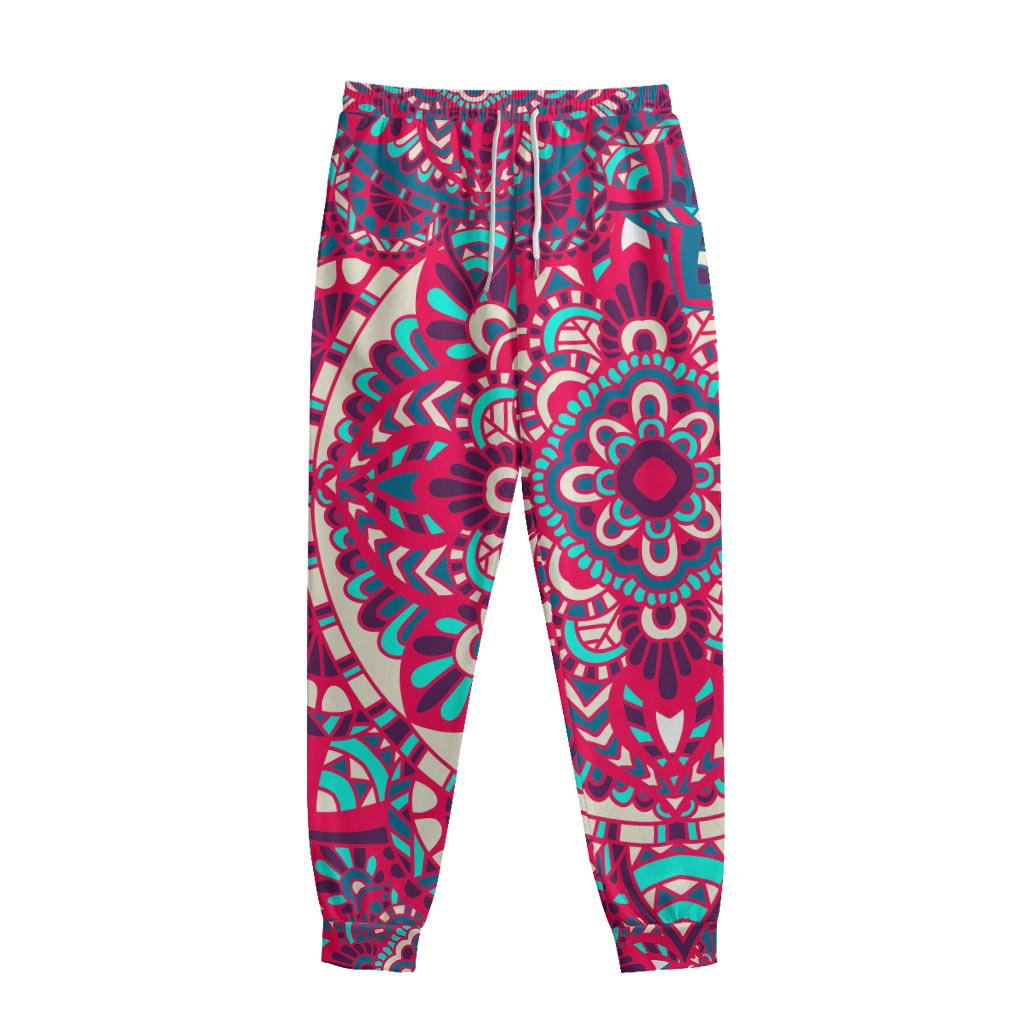 Pink Teal Bohemian Mandala Pattern Print Sweatpants