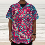 Pink Teal Bohemian Mandala Pattern Print Textured Short Sleeve Shirt