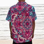Pink Teal Bohemian Mandala Pattern Print Textured Short Sleeve Shirt