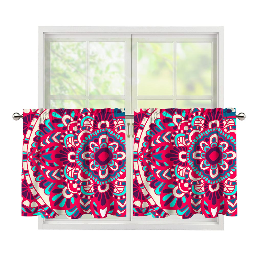 Pink Teal Bohemian Mandala Pattern Print Tier Curtains