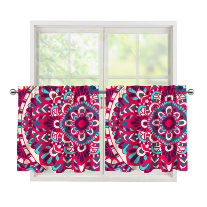 Pink Teal Bohemian Mandala Pattern Print Tier Curtains