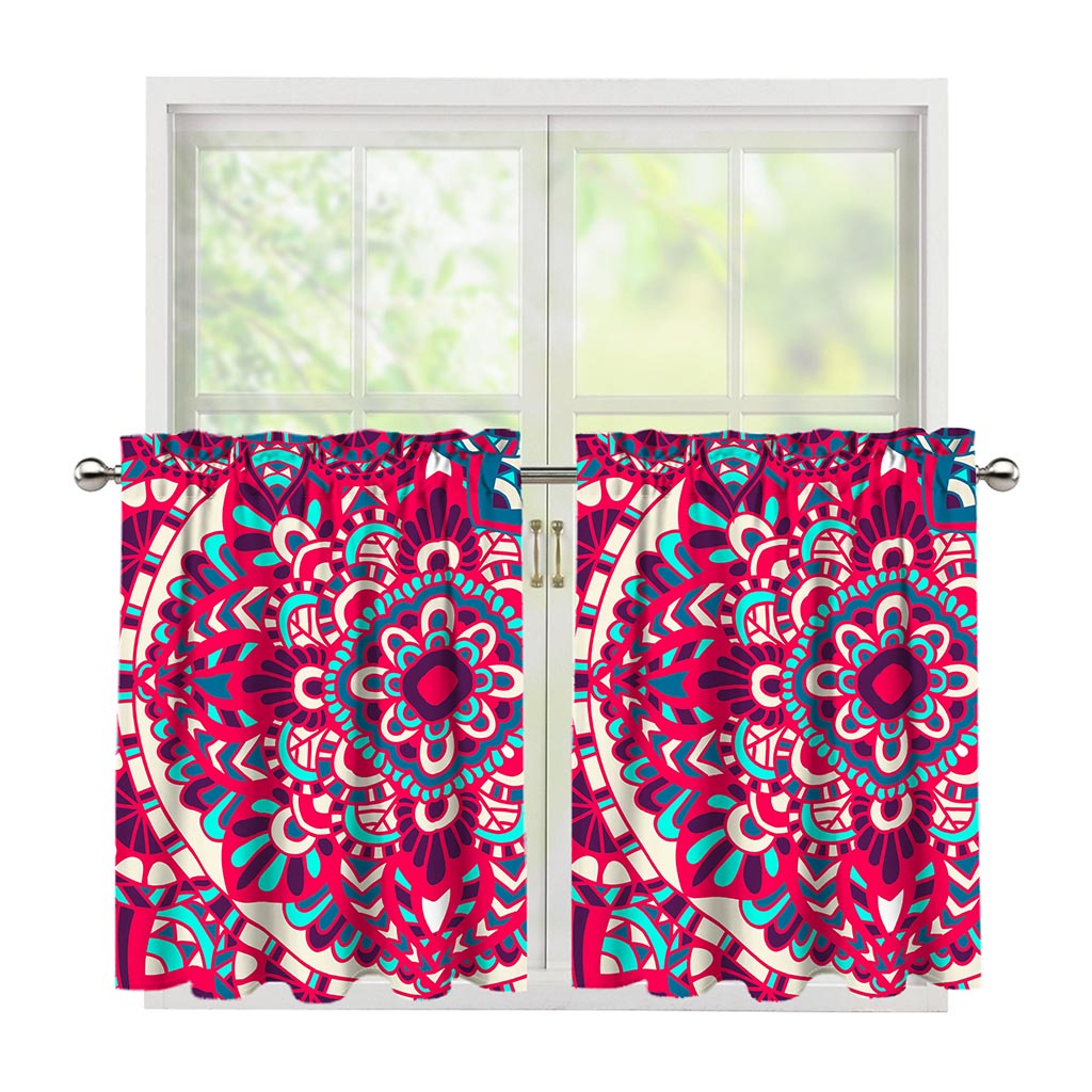 Pink Teal Bohemian Mandala Pattern Print Tier Curtains