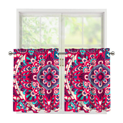 Pink Teal Bohemian Mandala Pattern Print Tier Curtains