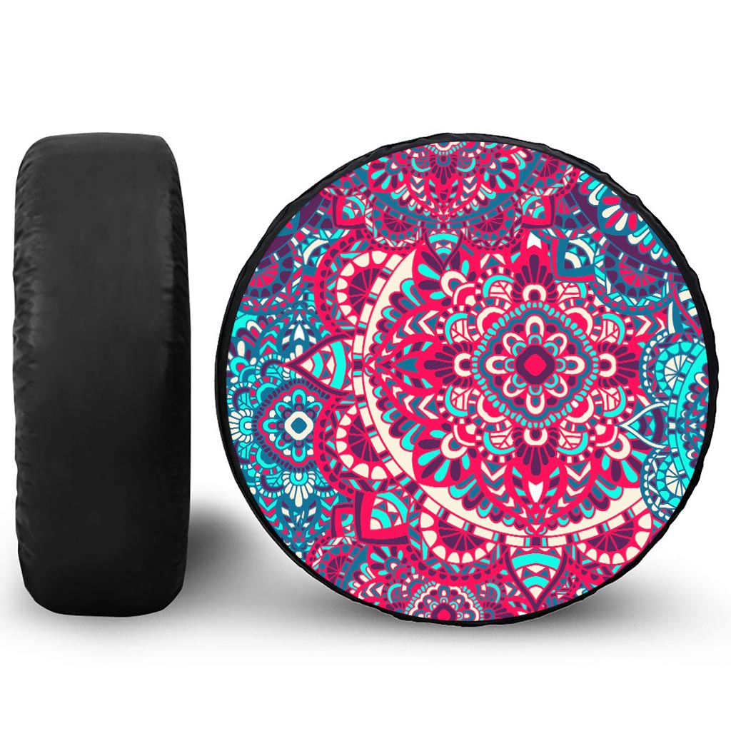 Pink Teal Bohemian Mandala Pattern Print Tire Cover