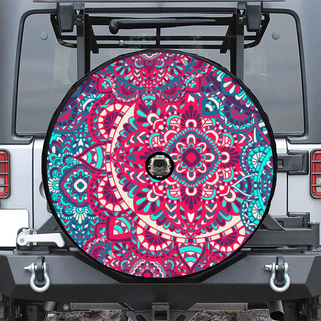 Pink Teal Bohemian Mandala Pattern Print Tire Cover With Camera Hole