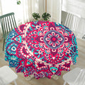 Pink Teal Bohemian Mandala Pattern Print Waterproof Round Tablecloth
