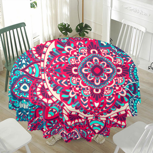Pink Teal Bohemian Mandala Pattern Print Waterproof Round Tablecloth