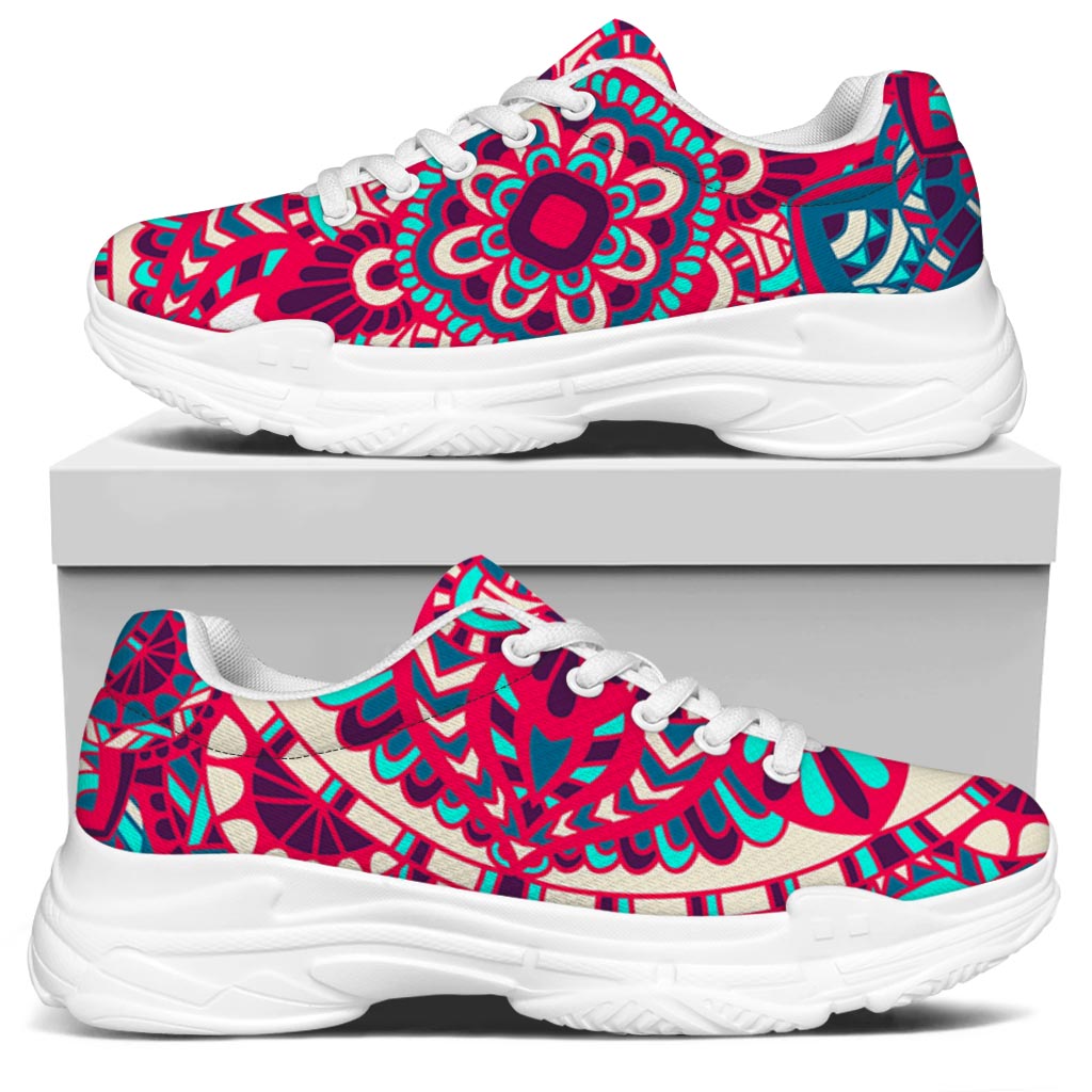 Pink Teal Bohemian Mandala Pattern Print White Chunky Shoes