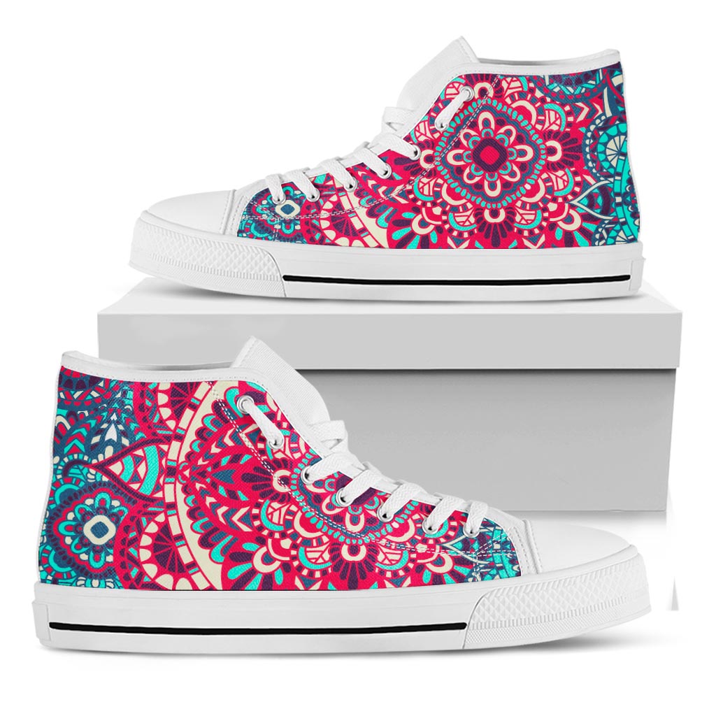 Pink Teal Bohemian Mandala Pattern Print White High Top Sneakers