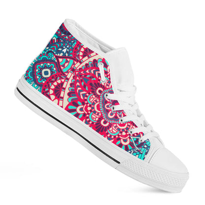 Pink Teal Bohemian Mandala Pattern Print White High Top Sneakers