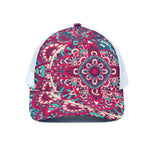 Pink Teal Bohemian Mandala Pattern Print White Mesh Trucker Cap