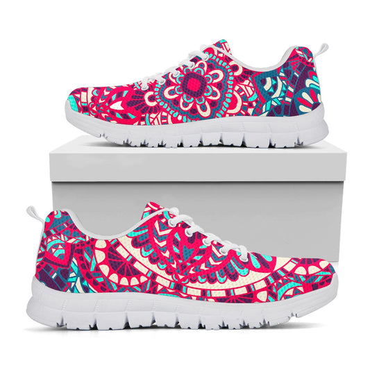 Pink Teal Bohemian Mandala Pattern Print White Running Shoes