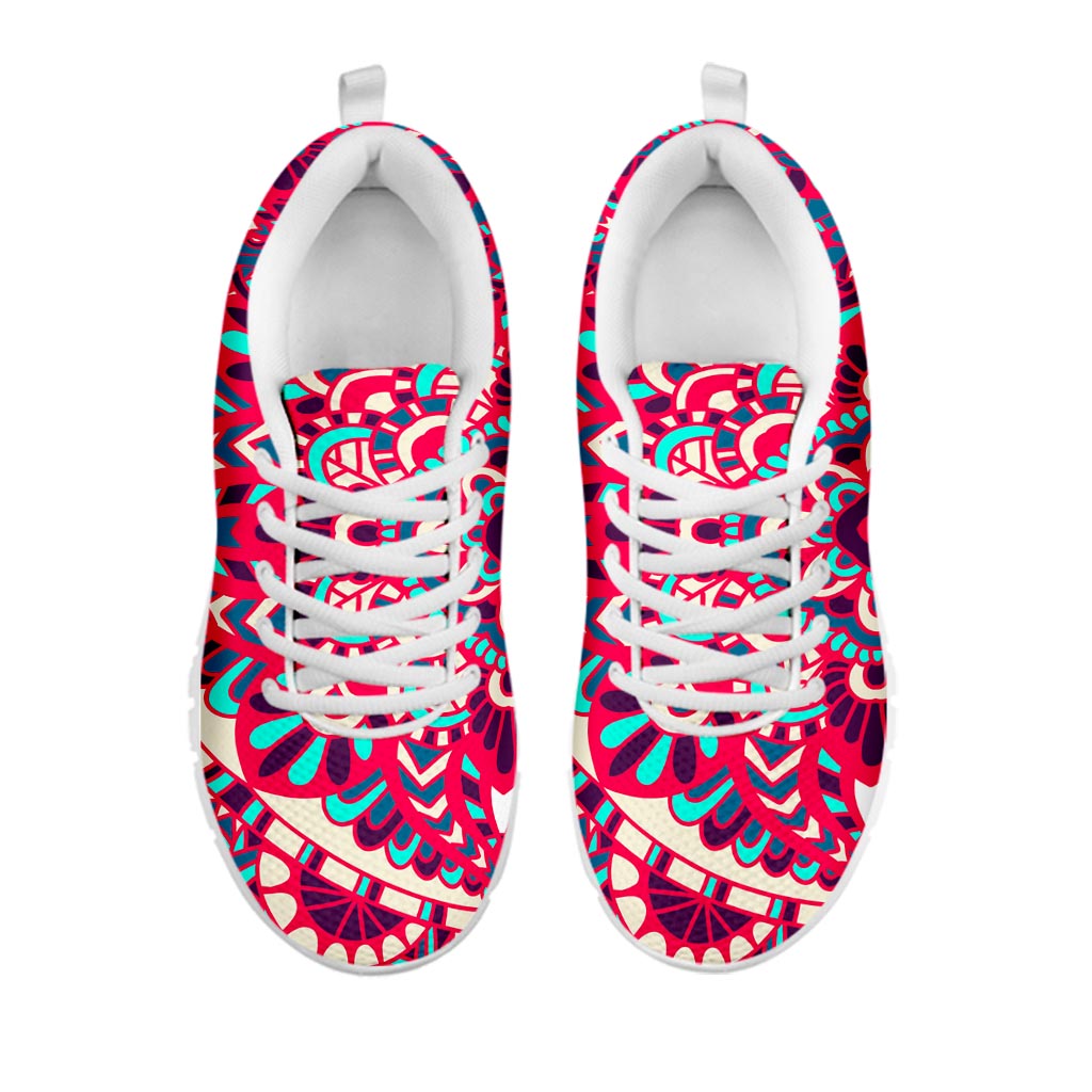 Pink Teal Bohemian Mandala Pattern Print White Running Shoes