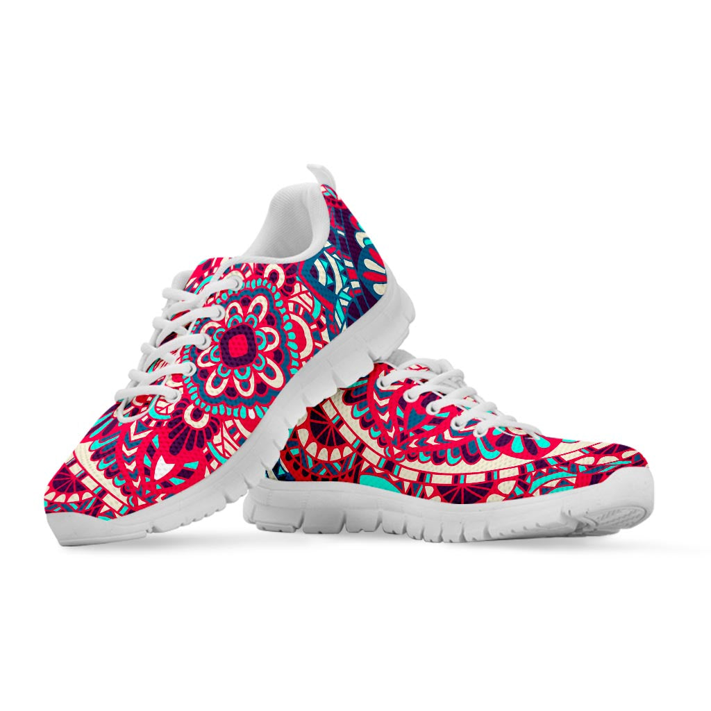 Pink Teal Bohemian Mandala Pattern Print White Running Shoes