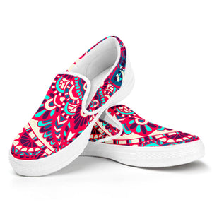 Pink Teal Bohemian Mandala Pattern Print White Slip On Sneakers