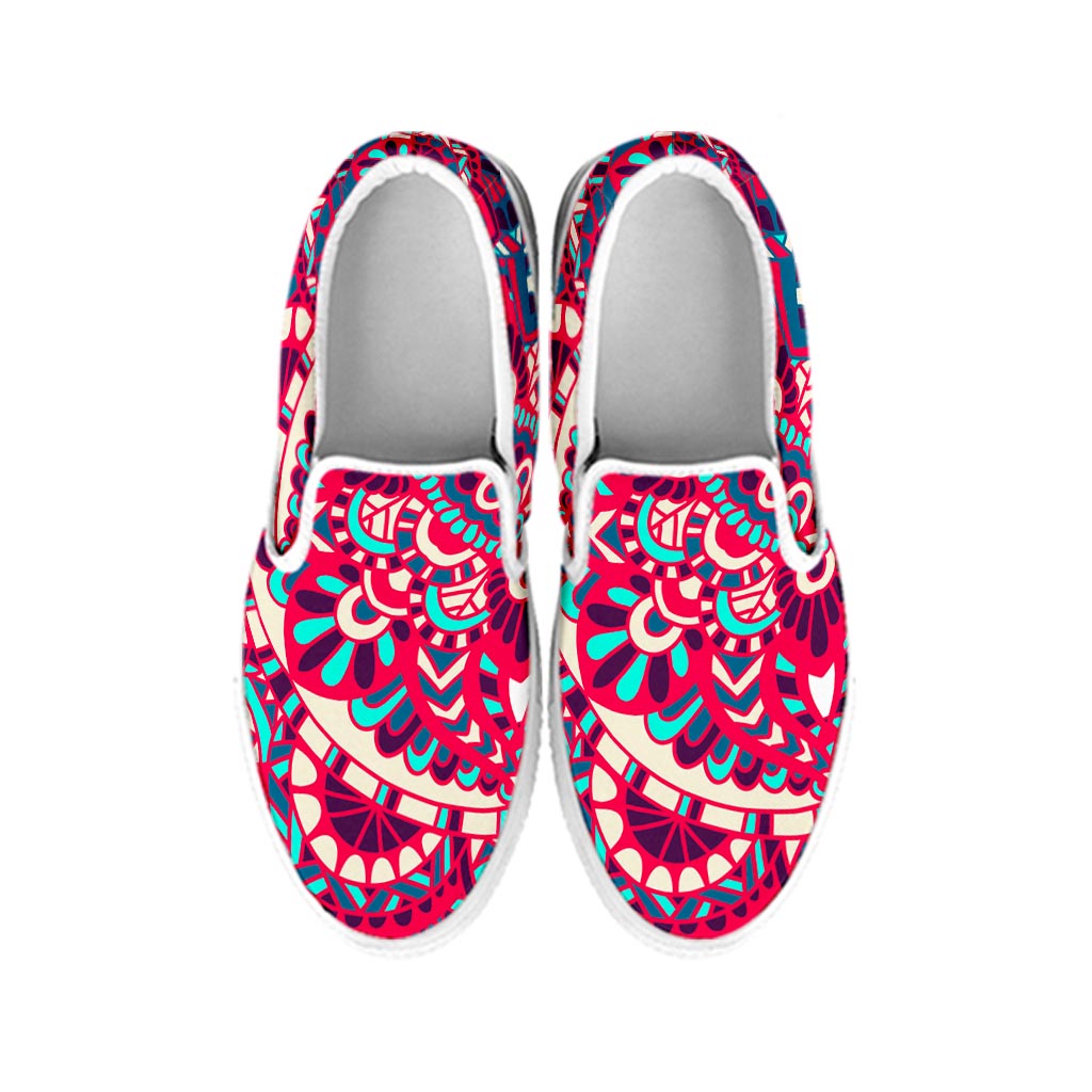 Pink Teal Bohemian Mandala Pattern Print White Slip On Sneakers