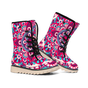 Pink Teal Bohemian Mandala Pattern Print Winter Boots