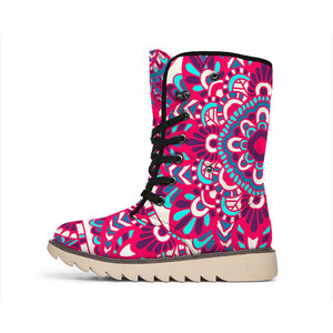 Pink Teal Bohemian Mandala Pattern Print Winter Boots