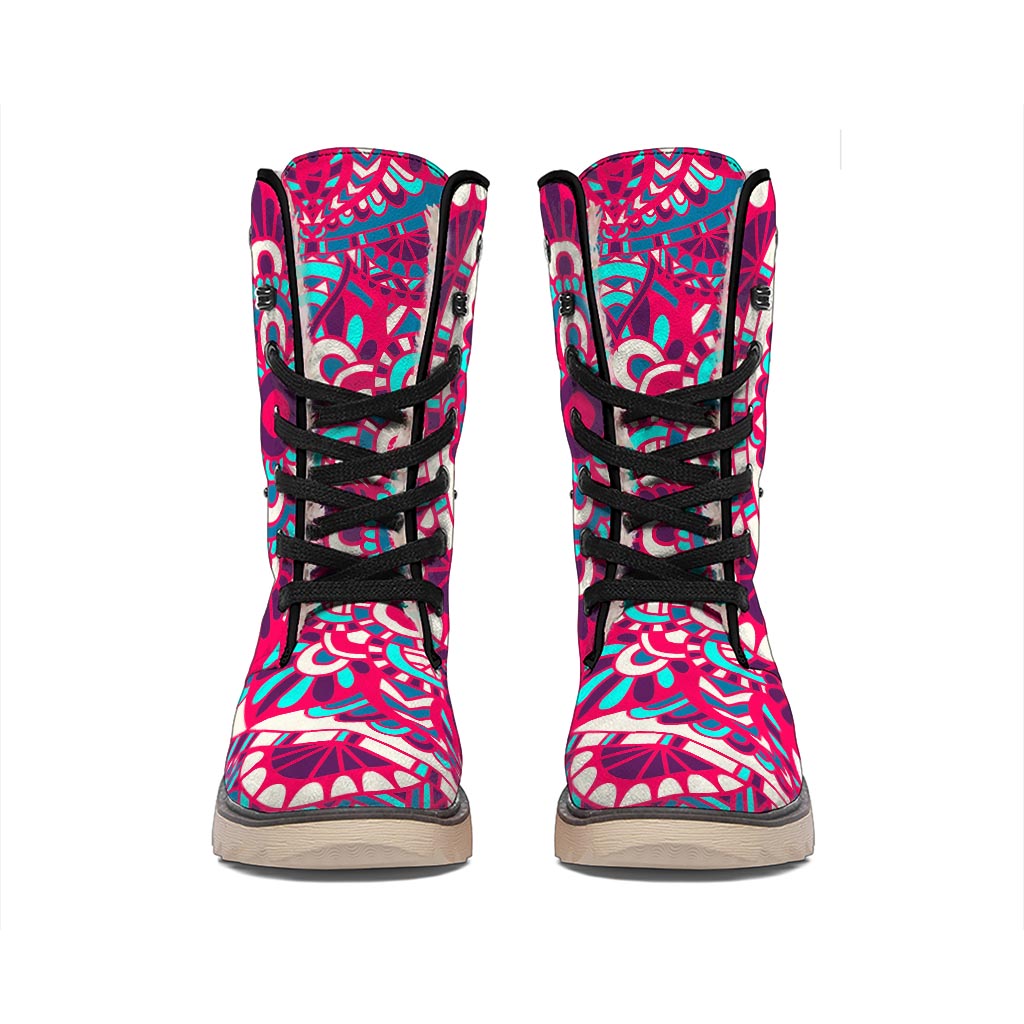 Pink Teal Bohemian Mandala Pattern Print Winter Boots