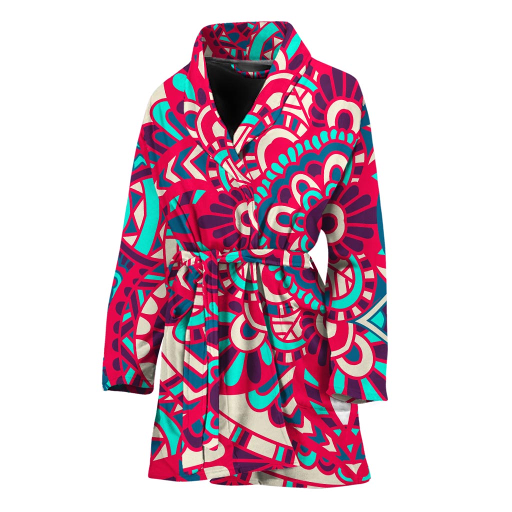 Pink Teal Bohemian Mandala Pattern Print Women's Bathrobe