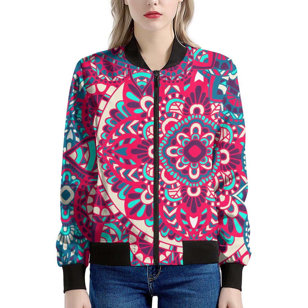 Pink Teal Bohemian Mandala Pattern Print Women's Bomber Jacket