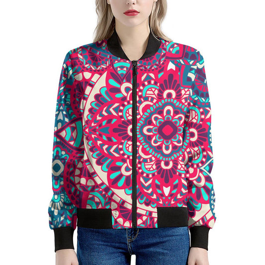 Pink Teal Bohemian Mandala Pattern Print Women's Bomber Jacket