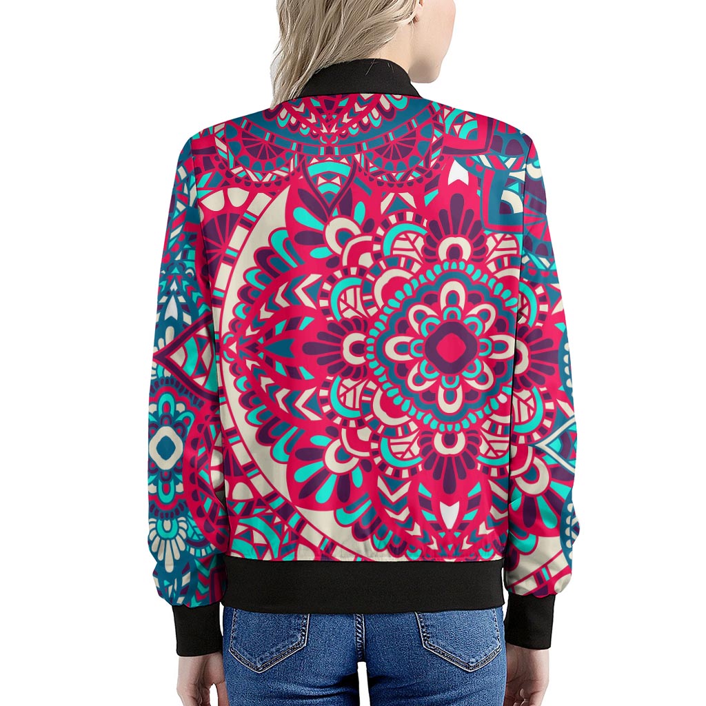 Pink Teal Bohemian Mandala Pattern Print Women's Bomber Jacket