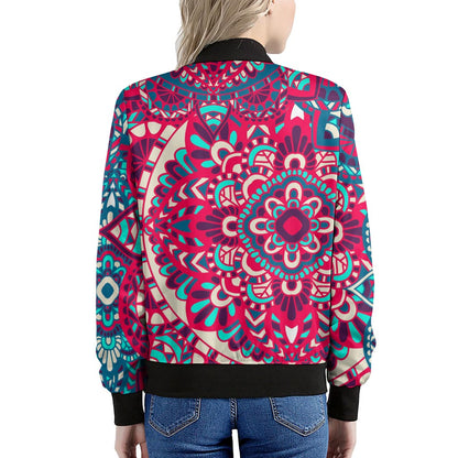 Pink Teal Bohemian Mandala Pattern Print Women's Bomber Jacket