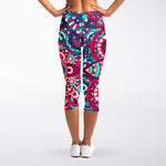 Pink Teal Bohemian Mandala Pattern Print Women's Capri Leggings