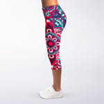 Pink Teal Bohemian Mandala Pattern Print Women's Capri Leggings