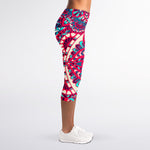 Pink Teal Bohemian Mandala Pattern Print Women's Capri Leggings