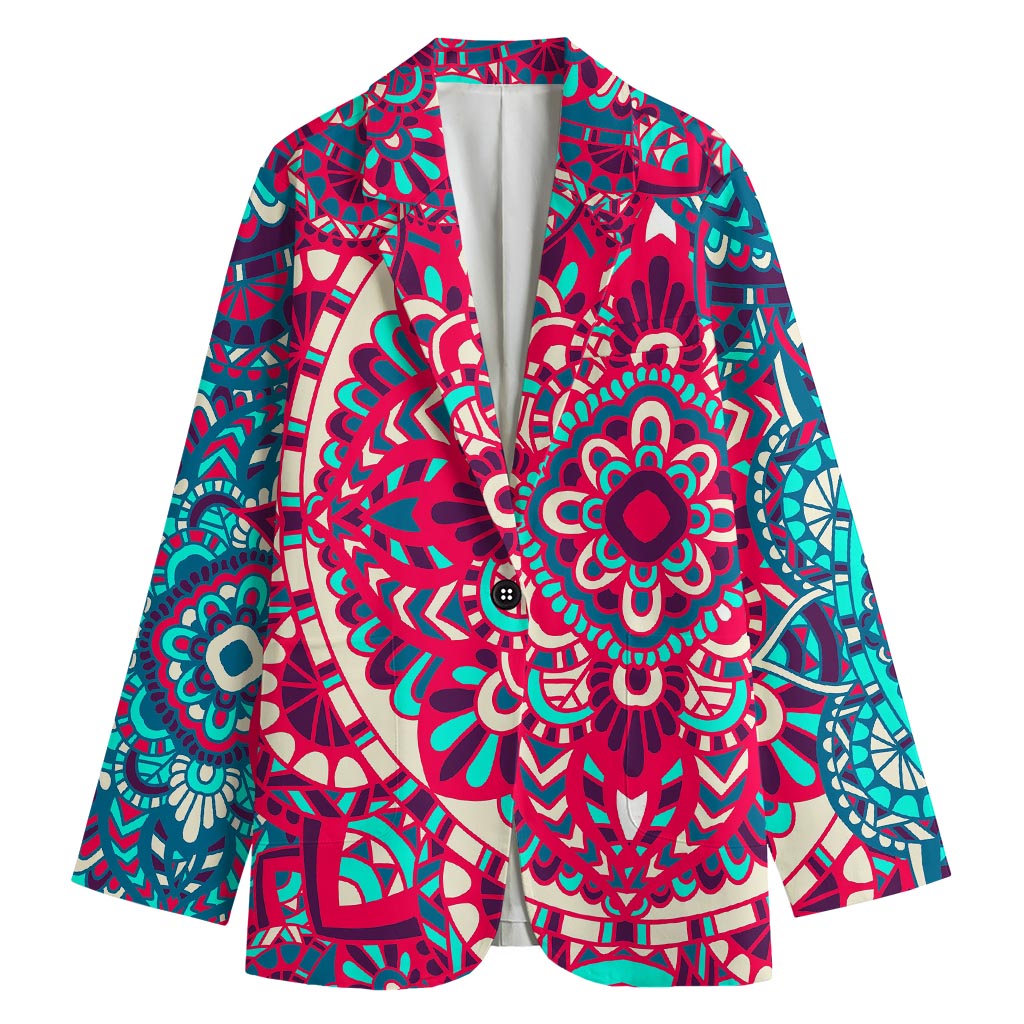 Pink Teal Bohemian Mandala Pattern Print Women's Cotton Blazer