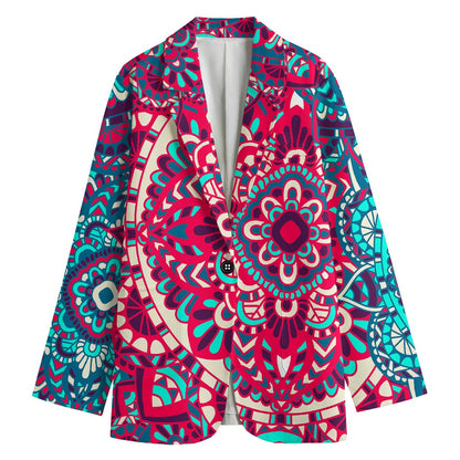 Pink Teal Bohemian Mandala Pattern Print Women's Cotton Blazer